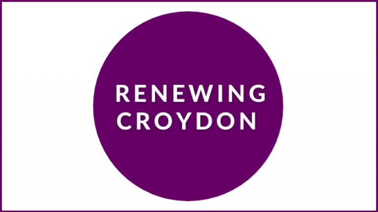 Graphic of a purple circle on a white background with the words "Renewing Croydon" in the centre