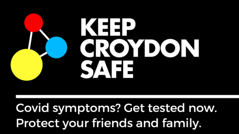 Keep Croydon safe logo featuring a black background, white text and a red blue and yellow molecular graphic.