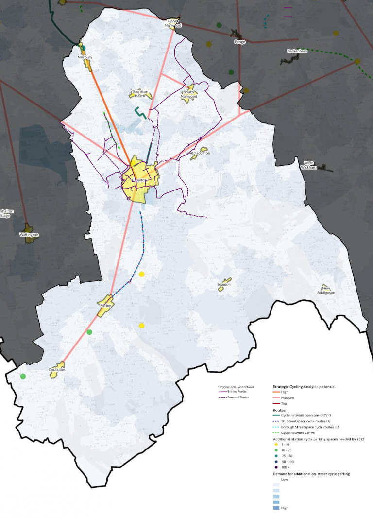 Locations of cycle routes in Croydon