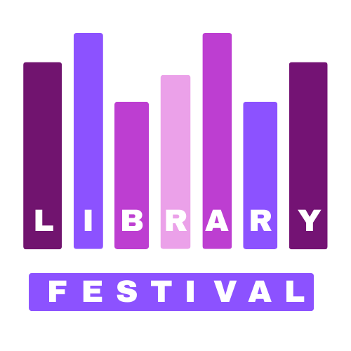 A set of coloured vertical bars of different heights in shades of purple with the letters of library spelled out at the bottom of each bar and the word Festival below that