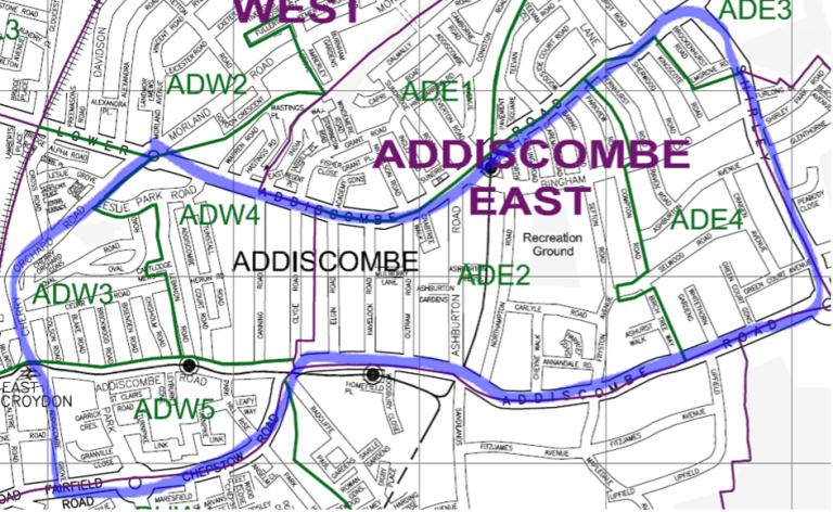 A map displaying the central area covered by the Croydon new neighbourhood scheme for Addiscombe east and west. The boundary includes Addiscombe Road, Cherry Orchard Road and Chepstow Road.