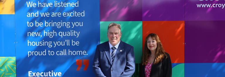 Mayor Perry and Councillor Lynne Hale next to Regina Road hoardings