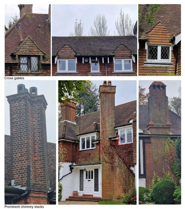 Images of cross gabled windows and prominent chimney stacks