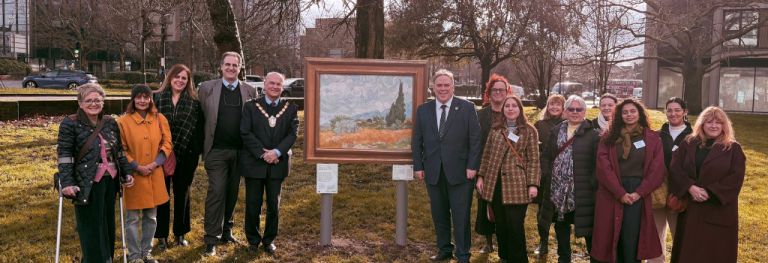 Mayor Perry with an artwork in Queen's Gardens