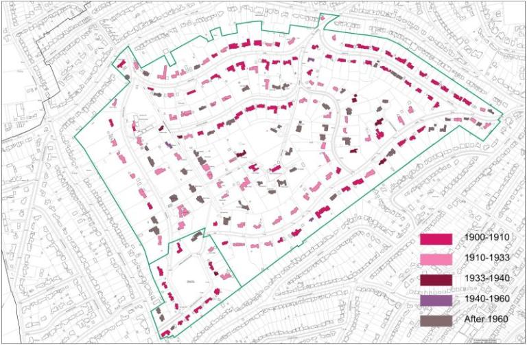 map showing approximate age of building on the webb estate