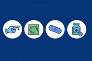 graphic of a finger prick, condom, plaster, and pills