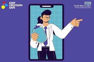 graphic of smartphone with image of a doctor holding clipboard and pointing