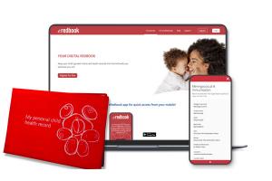 Red book and smartphone leaning against a laptop displaying e-redbook information