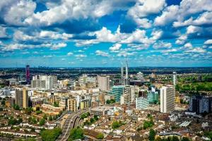 Aerial image of Croydon town centre against a bright blue sky