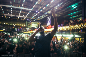 Photo of Stormzy taking a selfie of the crowd at a gig in Boxpark Croydon. Photo credit: Boxpark Croydon