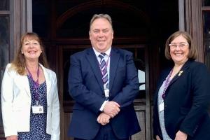 L-R: Cllr Lynne Hale, Mayor Jason Perry, Katherine Kerswell chief executive of Croydon Council on the steps of Croydon town hall