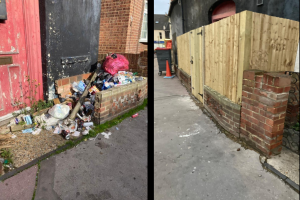 L: rubbish outside a property. R: Same property with rubbish removed and new fencing