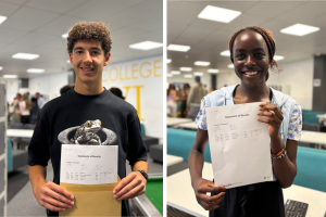 Two happy students posing with their exam results letters