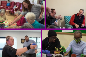 Montage of photos of adult social care service users taking part in various activities