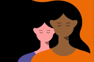 Black and orange graphic of two women