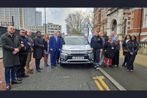 Executive Mayor of Croydon, Jason Perry, Cllr Lynne Hale, Community patrol services and council staff members outside Croydon Town Hall