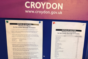 Croydon Council noticeboard with the official Notice of Elections for Mayor of Croydon and councillors
