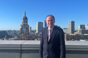 Conrad Hall pictured with Croydon and the Town Hall in the background on a clear sunny day
