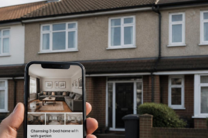Property listing displayed on smartphone outside terraced house.