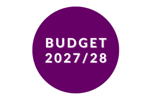 Purple circle with white text which says: Budget 2027/28