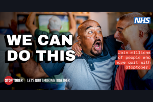 Stoptober campaign image showing people celebrating while watching sport.