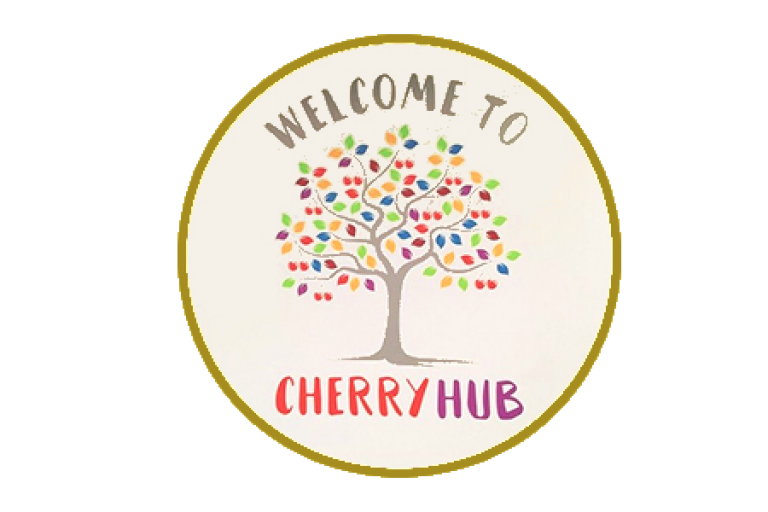 Cherry Hub logo, a hand drawn tree with multicoloured leaves inside a circle with the words Welcome to Cherry Hub around it