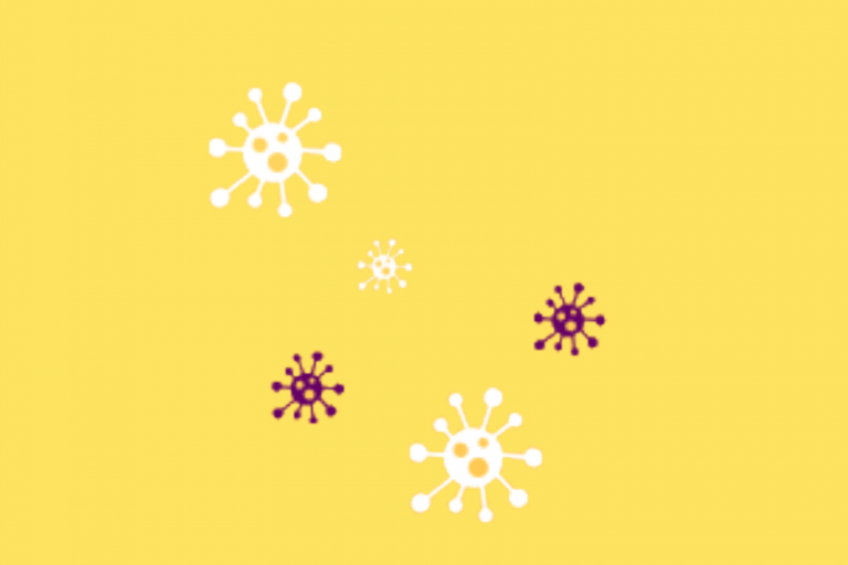 illustration of five white and purple virus cells a yellow background