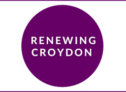 Graphic of a purple circle on a white background with the words "Renewing Croydon" in the centre