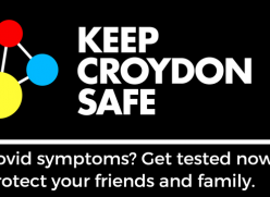 Keep Croydon safe logo featuring a black background, white text and a red blue and yellow molecular graphic.